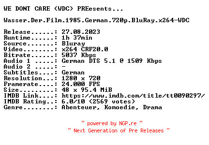 NFO for the release Wasser.Der.Film.1985.German.720p.BluRay.x264-WDC by WDC