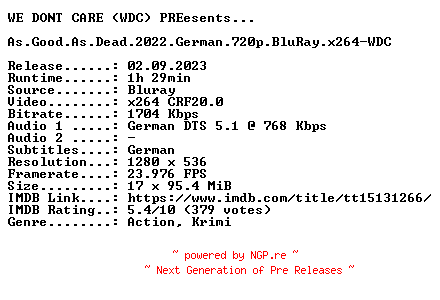 NFO for the release As.Good.As.Dead.2022.German.720p.BluRay.x264-WDC by WDC