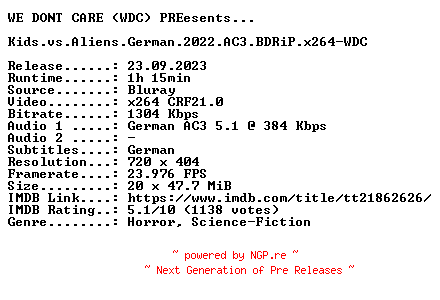 NFO for the release Kids.vs.Aliens.German.2022.AC3.BDRiP.x264-WDC by WDC