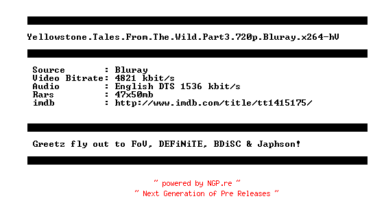 NFO for the release Yellowstone.Tales.From.The.Wild.Part3.720p.Bluray.x264-hV by hV