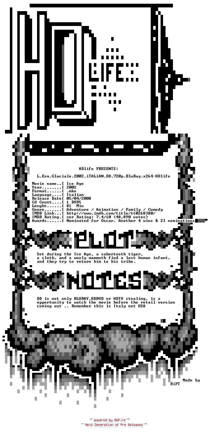 NFO for the release L.Era.Glaciale.2002.iTALiAN.DD.720p.BluRay.x264-HDlife by HDlife
