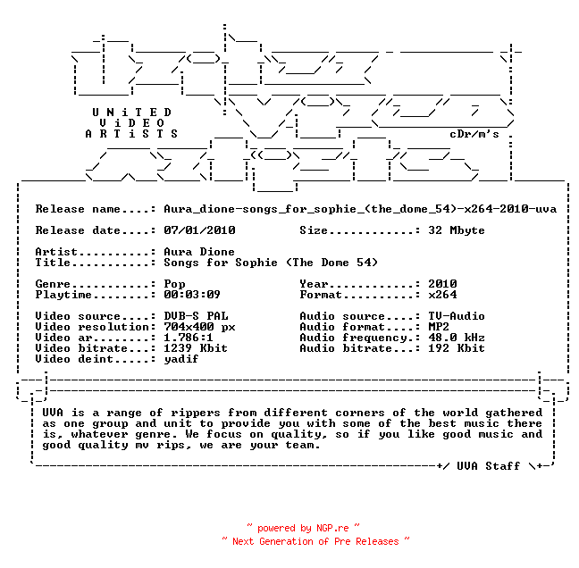 NFO for the release Aura_dione-songs_for_sophie_(the_dome_54)-x264-2010-uva by uva