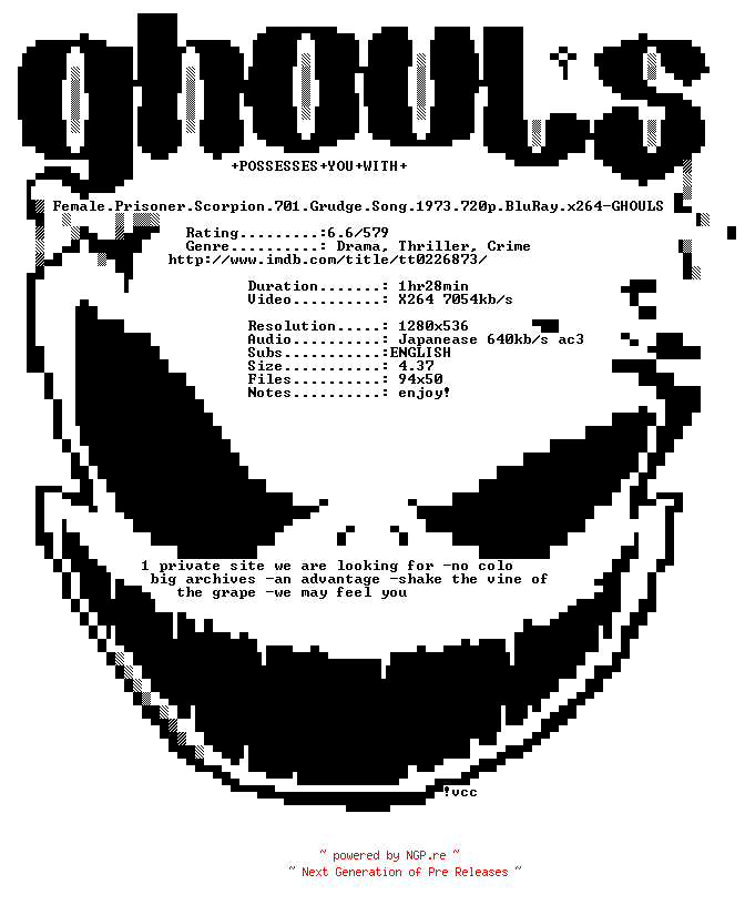 NFO for the release Female.Prisoner.Scorpion.701.Grudge.Song.1973.720p.BluRay.x264-GHOULS by GHOULS
