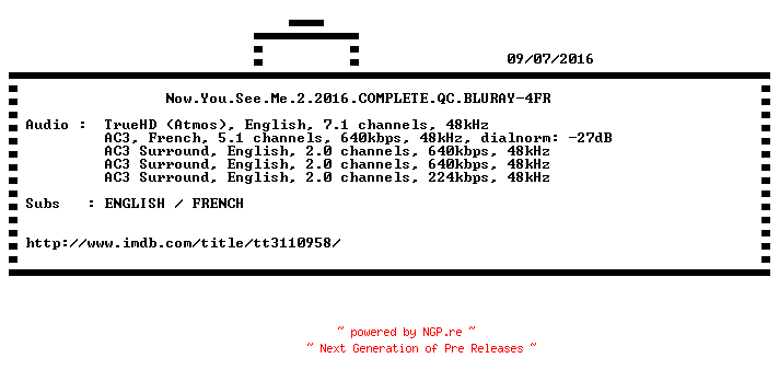 NFO for the release Now.You.See.Me.2.2016.COMPLETE.QC.BLURAY-4FR by 4FR