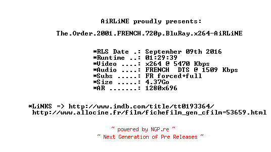 NFO for the release The.Order.2001.FRENCH.720p.BluRay.x264-AiRLiNE by AiRLiNE