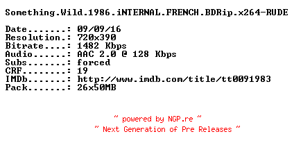 NFO for the release Something.Wild.1986.iNTERNAL.FRENCH.BDRip.x264-RUDE by RUDE
