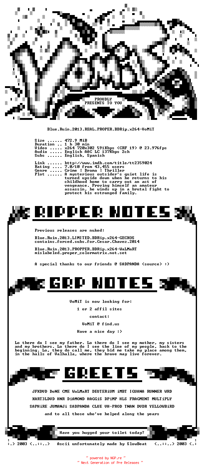 NFO for the release Blue.Ruin.2013.REAL.PROPER.BDRip.x264-VoMiT by VoMiT