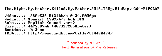 NFO for the release The.Night.My.Mother.Killed.My.Father.2016.720p.BluRay.x264-BiPOLAR by BiPOLAR