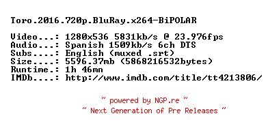 NFO for the release Toro.2016.720p.BluRay.x264-BiPOLAR by BiPOLAR