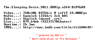 NFO for the release The.Sleeping.Voice.2011.BDRip.x264-BiPOLAR by BiPOLAR