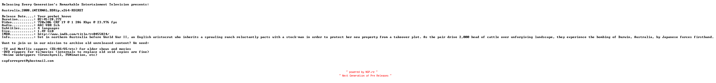NFO for the release Australia.2008.iNTERNAL.BDRip.x264-REGRET by REGRET