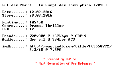 NFO for the release Ruf.der.Macht.Im.Sumpf.der.Korruption.German.2016.AC3.BDRiP.x264-CiNEViSiON by CiNEViSiON