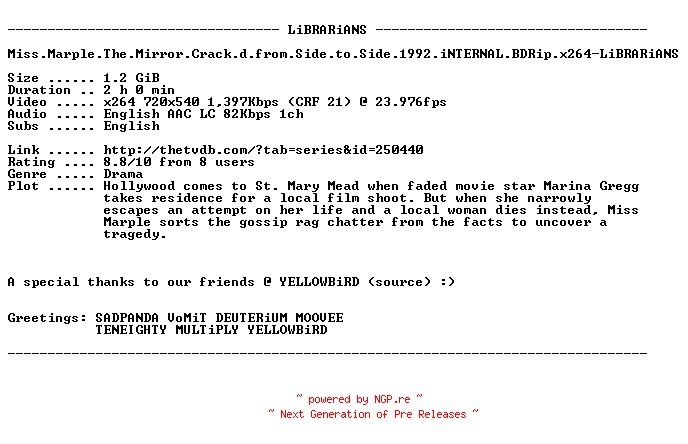 NFO for the release Miss.Marple.The.Mirror.Crack.d.from.Side.to.Side.1992.iNTERNAL.BDRip.x264-LiBRARiANS by LiBRARiANS