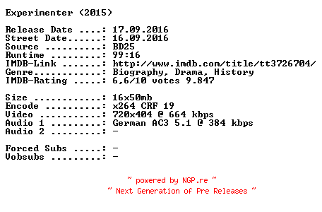 NFO for the release Experimenter.Die.Stanley.Milgram.Story.German.2015.AC3.BDRip.x264-SPiCY by SPiCY