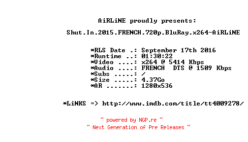 NFO for the release Shut.In.2015.FRENCH.720p.BluRay.x264-AiRLiNE by AiRLiNE