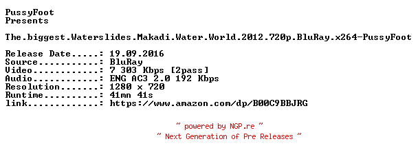 NFO for the release The.biggest.Waterslides.Makadi.Water.World.2012.720p.BluRay.x264-PussyFoot by PussyFoot