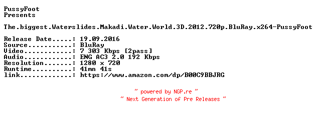NFO for the release The.biggest.Waterslides.Makadi.Water.World.3D.2012.720p.BluRay.x264-PussyFoot by PussyFoot