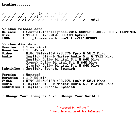 NFO for the release Central.Intelligence.2016.COMPLETE.UHD.BLURAY-TERMiNAL by TERMiNAL