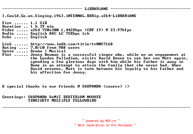 NFO for the release I.Could.Go.on.Singing.1963.iNTERNAL.BDRip.x264-LiBRARiANS by LiBRARiANS