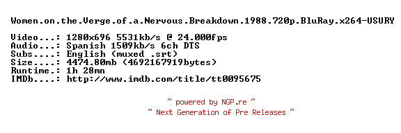 NFO for the release Women.on.the.Verge.of.a.Nervous.Breakdown.1988.720p.BluRay.x264-USURY by USURY