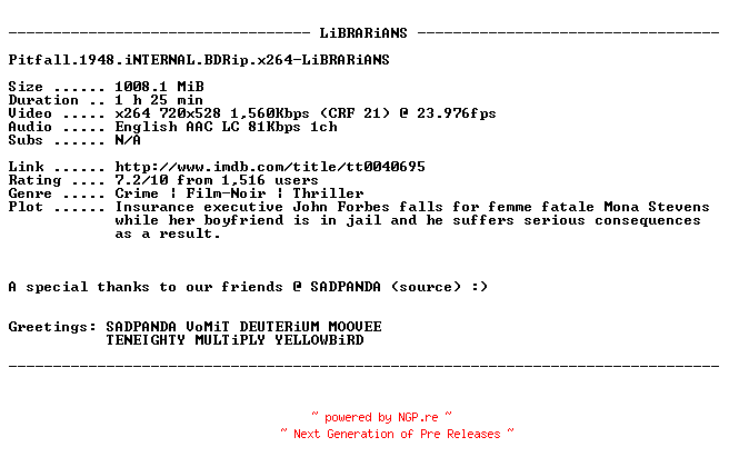 NFO for the release Pitfall.1948.iNTERNAL.BDRip.x264-LiBRARiANS by LiBRARiANS