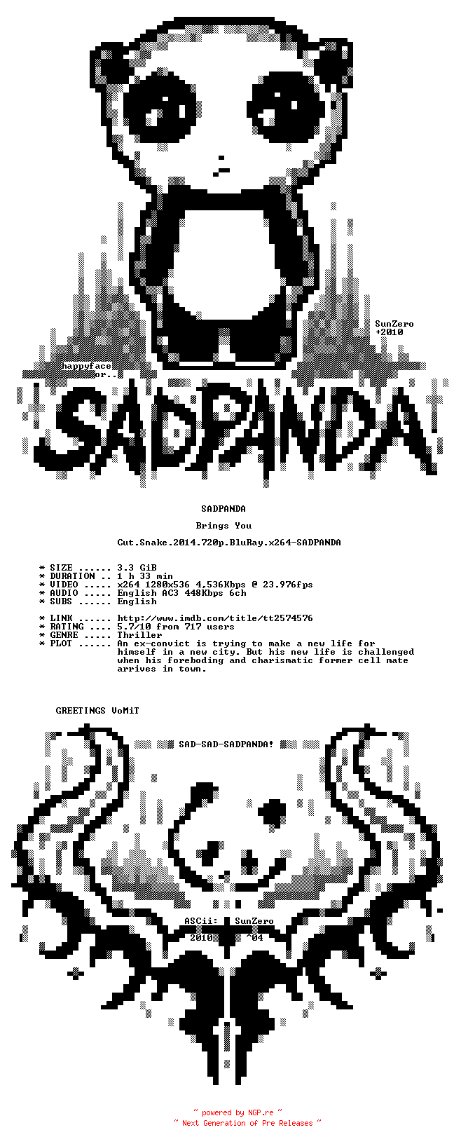 NFO for the release Cut.Snake.2014.720p.BluRay.x264-SADPANDA by SADPANDA