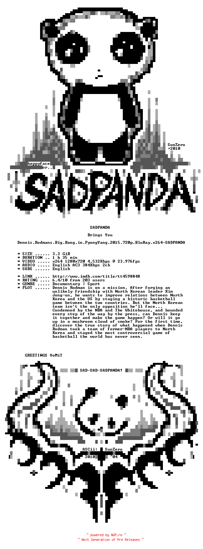 NFO for the release Dennis.Rodmans.Big.Bang.in.PyongYang.2015.720p.BluRay.x264-SADPANDA by SADPANDA