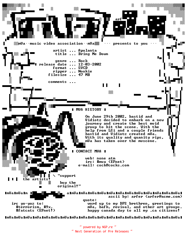 NFO for the release apulanta-bring_me_down-svcd-Nookie-mVa by mVa