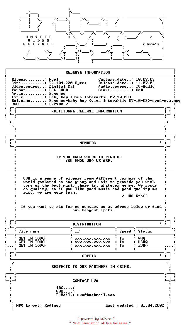 NFO for the release Beyonce-baby_boy_(viva_interaktiv_07-10-03)-svcd-uva by uva