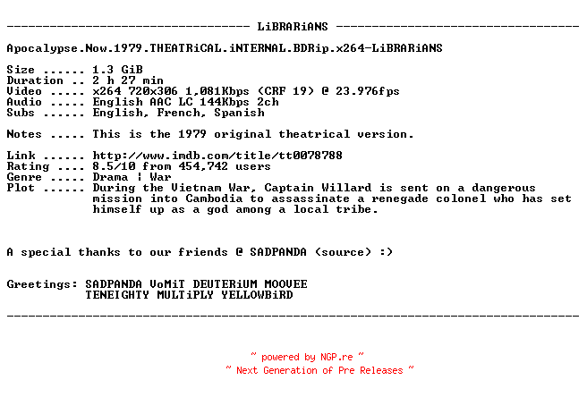 NFO for the release Apocalypse.Now.1979.THEATRiCAL.iNTERNAL.BDRip.x264-LiBRARiANS by LiBRARiANS