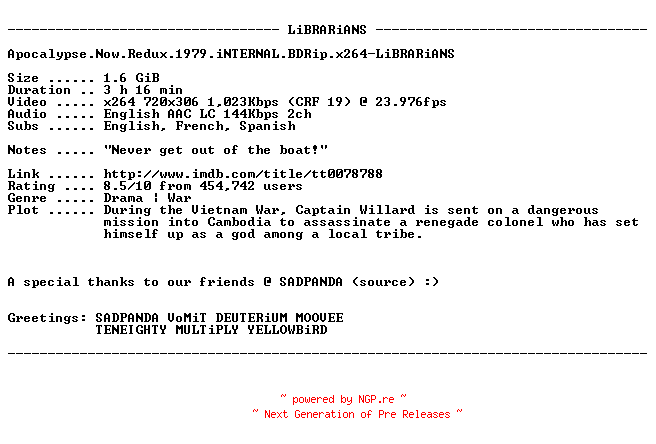 NFO for the release Apocalypse.Now.Redux.1979.iNTERNAL.BDRip.x264-LiBRARiANS by LiBRARiANS