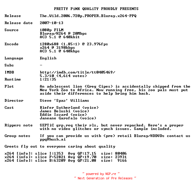 NFO for the release The.Wild.2006.720p.PROPER.Bluray.x264-PPQ by PPQ