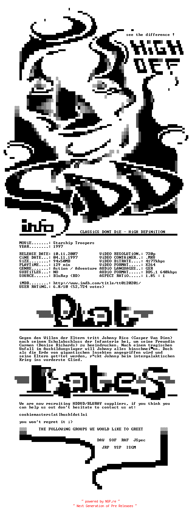 NFO for the release Starship.Troopers.1997.German.DVD5.720p.BluRay.x264-CDD by CDD