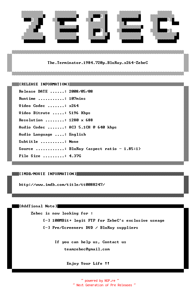 NFO for the release The.Terminator.1984.720p.BluRay.x264-ZebeC by ZebeC
