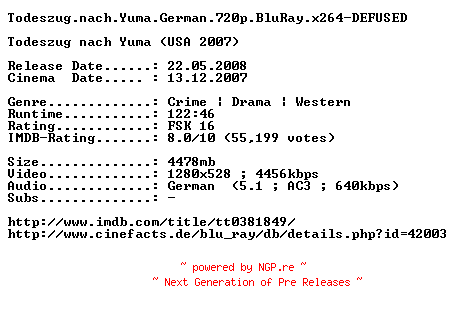 NFO for the release Todeszug.nach.Yuma.German.720p.BluRay.x264-DEFUSED by DEFUSED