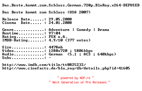NFO for the release Das.Beste.kommt.zum.Schluss.German.720p.BluRay.x264-DEFUSED by DEFUSED