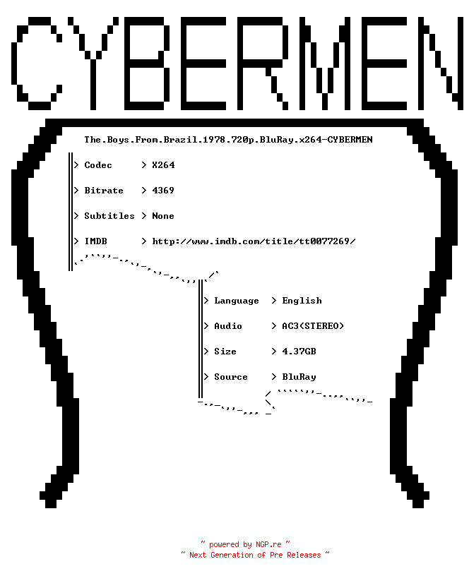 NFO for the release The.Boys.From.Brazil.1978.720p.BluRay.x264-CYBERMEN by CYBERMEN