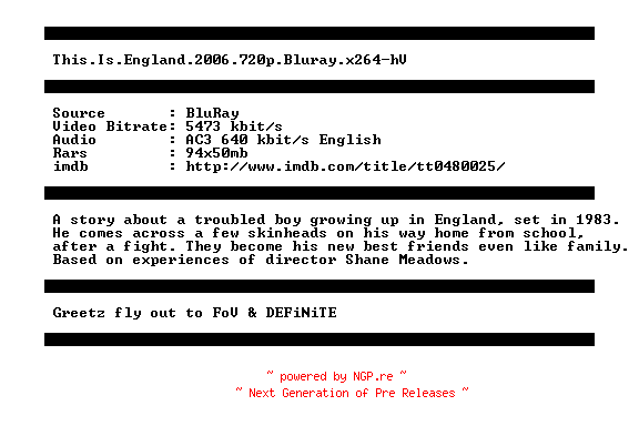 NFO for the release This.Is.England.2006.720p.Bluray.x264-hV by hV