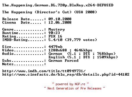 NFO for the release The.Happening.German.DL.720p.BluRay.x264-DEFUSED by DEFUSED