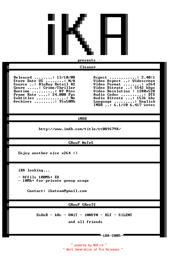 NFO for the release Cleaner.2007.720p.BluRay.x264-iKA by iKA
