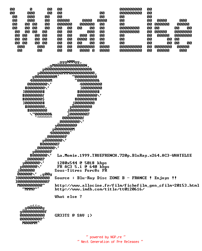 NFO for the release La.Momie.1999.TRUEFRENCH.720p.BluRay.x264.AC3-WHATELSE by WHATELSE