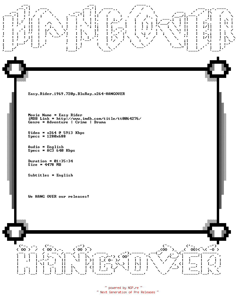 NFO for the release Easy.Rider.1969.720p.BluRay.x264-HANGOVER by HANGOVER