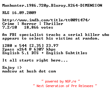 NFO for the release Manhunter.1986.720p.Bluray.X264-DIMENSION by DIMENSION