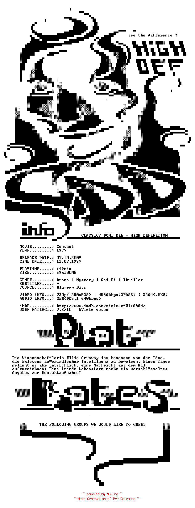 NFO for the release Contact.1997.German.720p.BluRay.x264-CDD by CDD