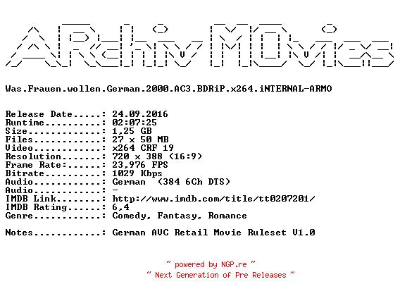 NFO for the release Was.Frauen.wollen.German.2000.AC3.BDRiP.x264.iNTERNAL-ARMO by ARMO