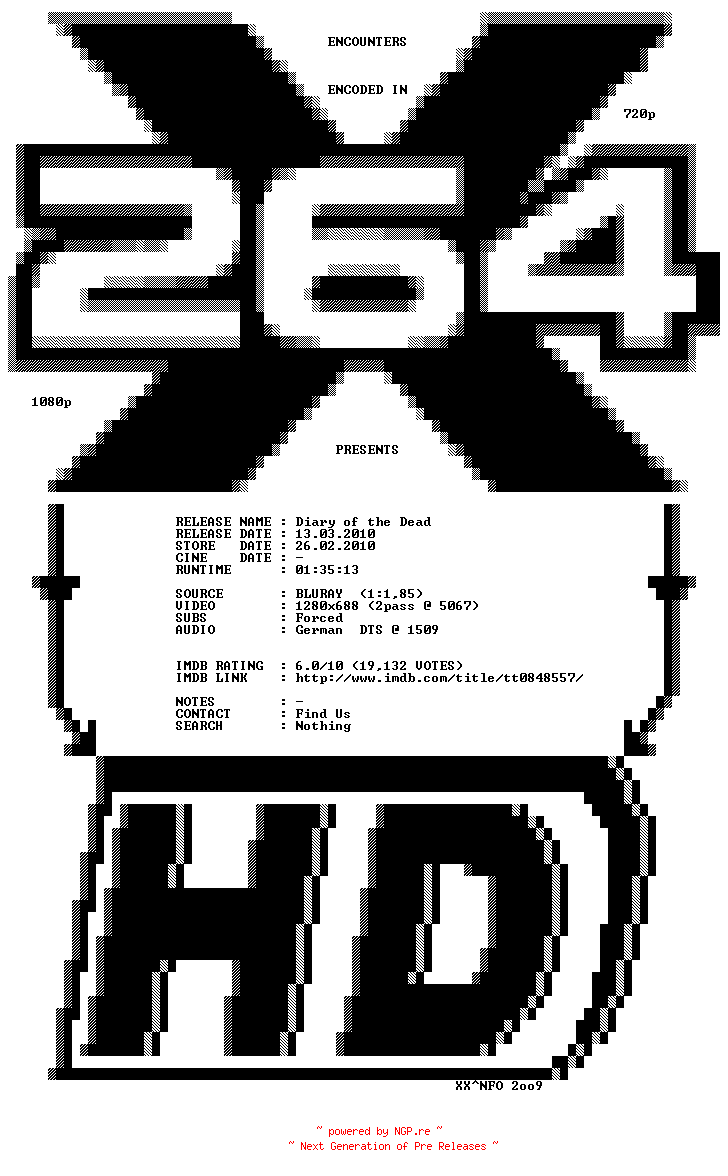 NFO for the release Diary.of.the.Dead.2007.German.720p.BluRay.x264-ENCOUNTERS by ENCOUNTERS