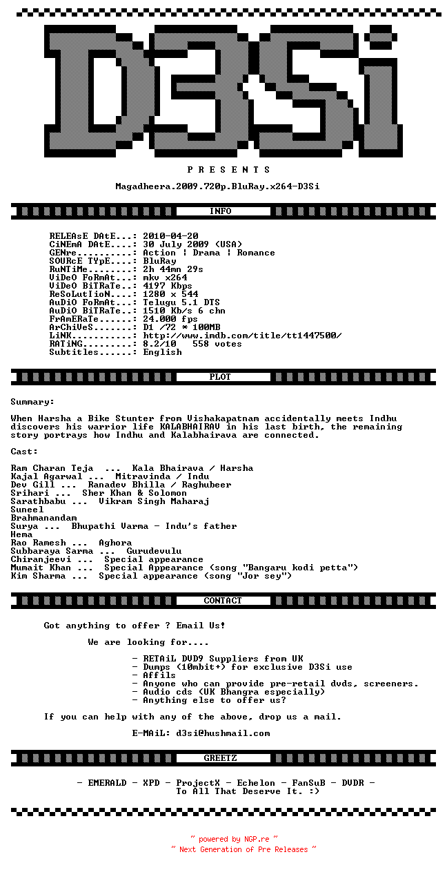 NFO for the release Magadheera.2009.720p.BluRay.x264-D3Si by D3Si