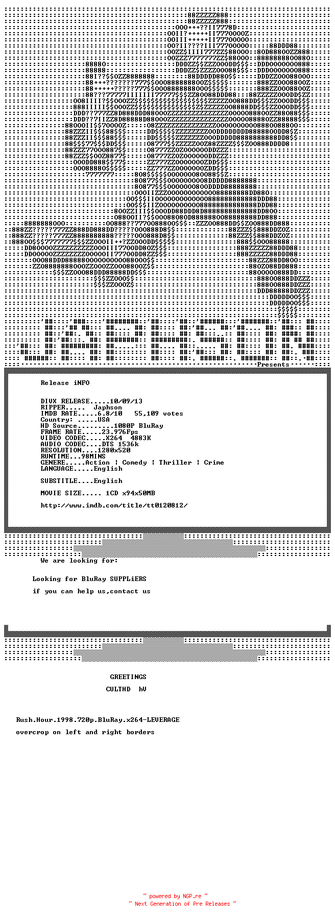 NFO for the release Rush.Hour.1998.PROPER.720p.BluRay.x264-Japhson by Japhson