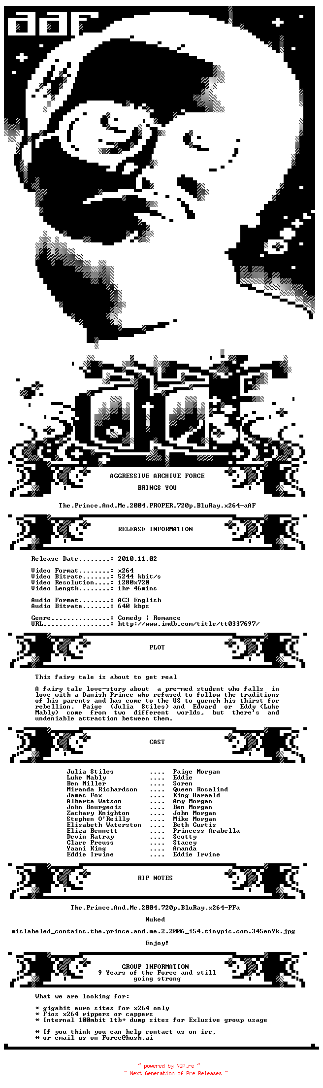 NFO for the release The.Prince.And.Me.2004.PROPER.720p.BluRay.x264-aAF by aAF