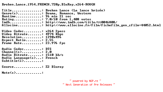 NFO for the release Broken.Lance.1954.FRENCH.720p.BluRay.x264-ROUGH by ROUGH